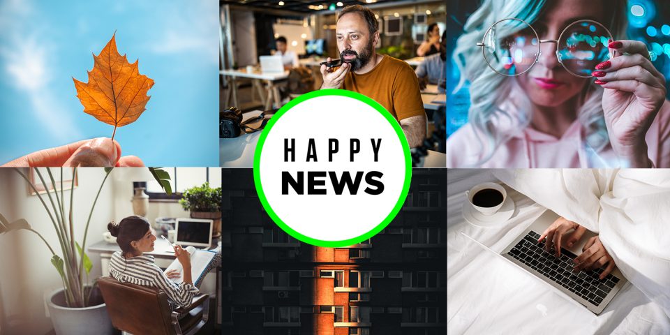 Bildkollage av höstlöv och personer som jobbar i lugna miljöer inspirerande känsla med texten "Happy News".