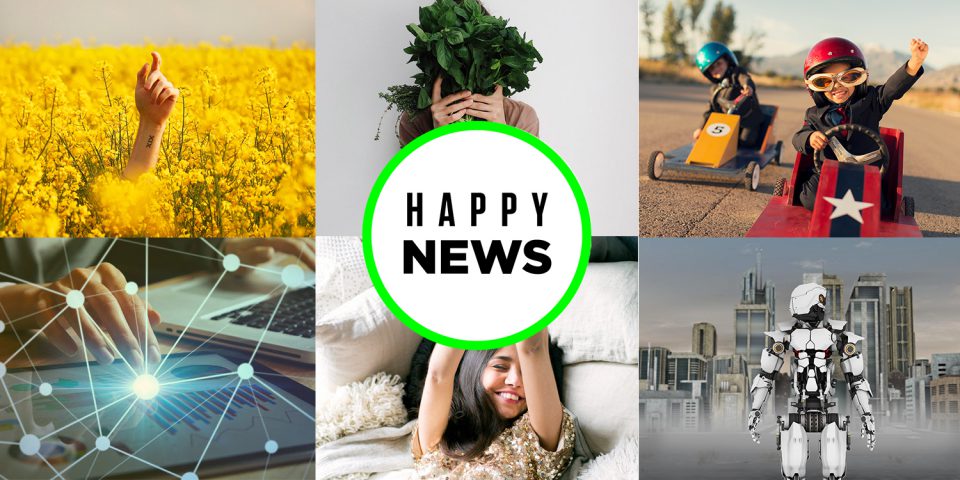 Bildkollage av växter, robotar och glada barn i inspirerande känsla med texten "Happy News".