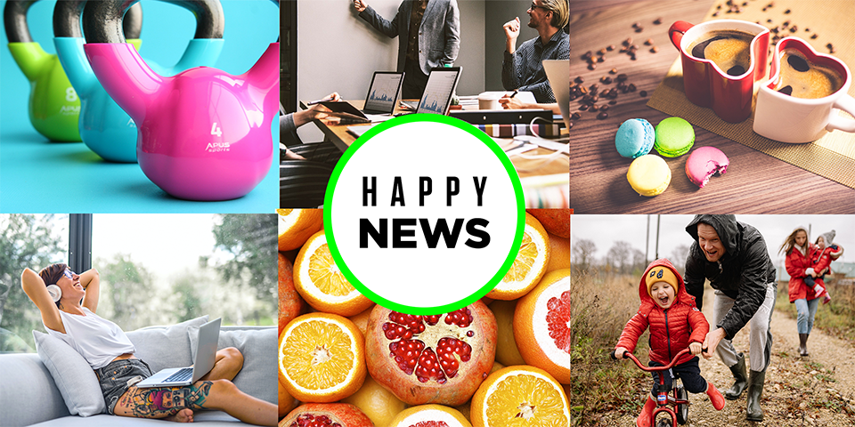 Bildkollage av frukter, träningsredskap och kontor i inspirerande känsla med texten "Happy News".